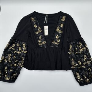 NWT Anthropologie Black/Gold Neale Sequin Peplum Top Size XXS Petite New $118‎